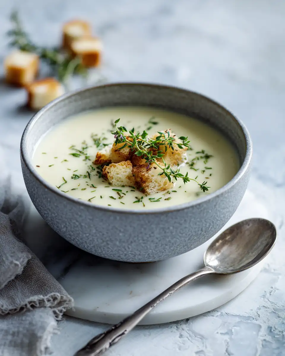 Elegant bowl of creamy soup with croutons and thyme on marble background, soft daylight food photography.