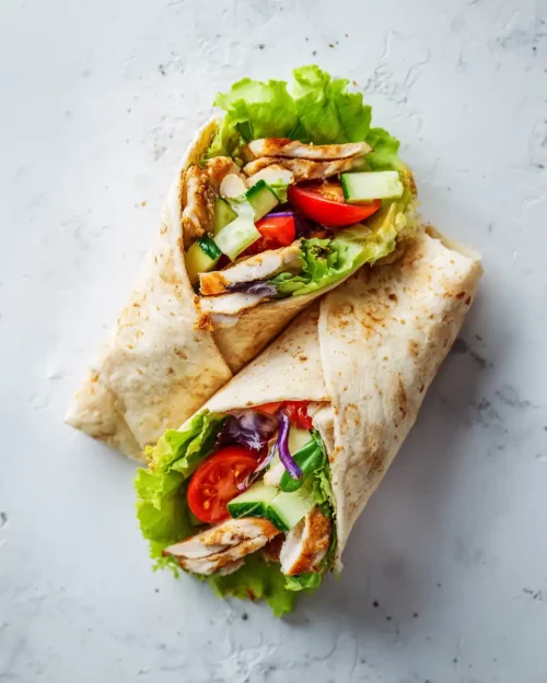 Overhead shot of a fresh chicken wrap filled with lettuce, tomato, and cucumber on a light marble background.