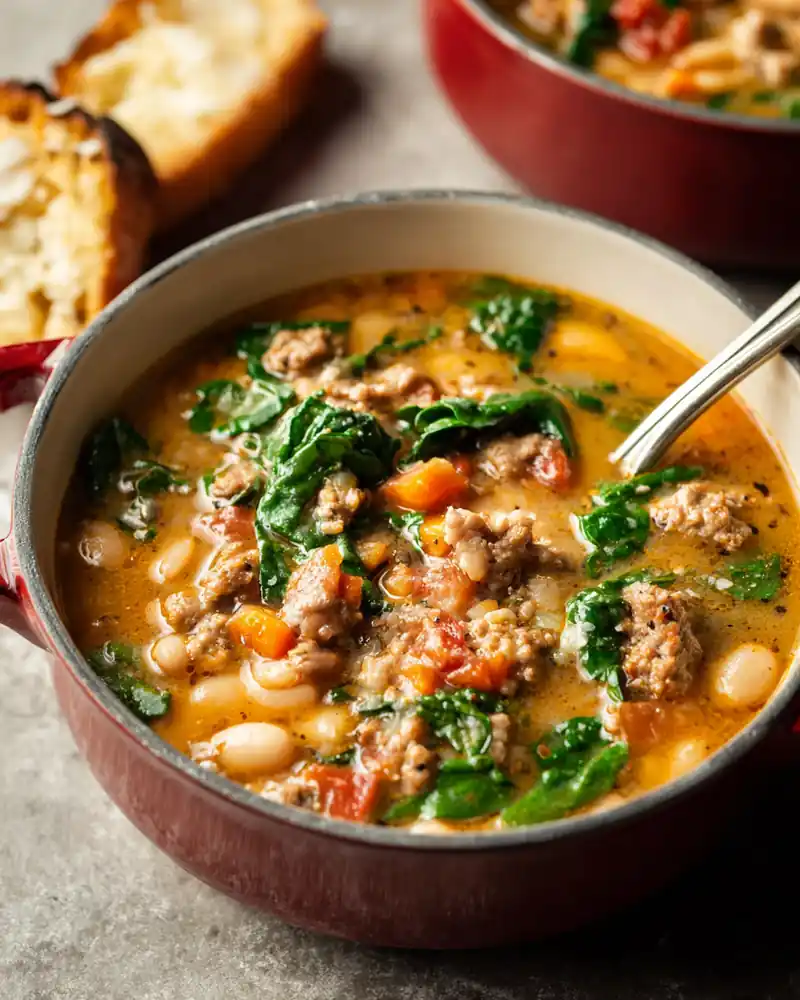 Healthy Soup Recipes 13 Italian sausage white bean soup with spinach, carrots, and cannellini beans in a warm bowl