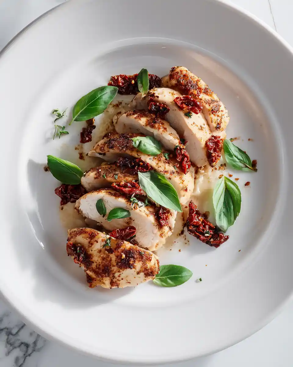 Sliced chicken breast with sun-dried tomatoes and basil leaves on a white plate, modern food photography in natural light.