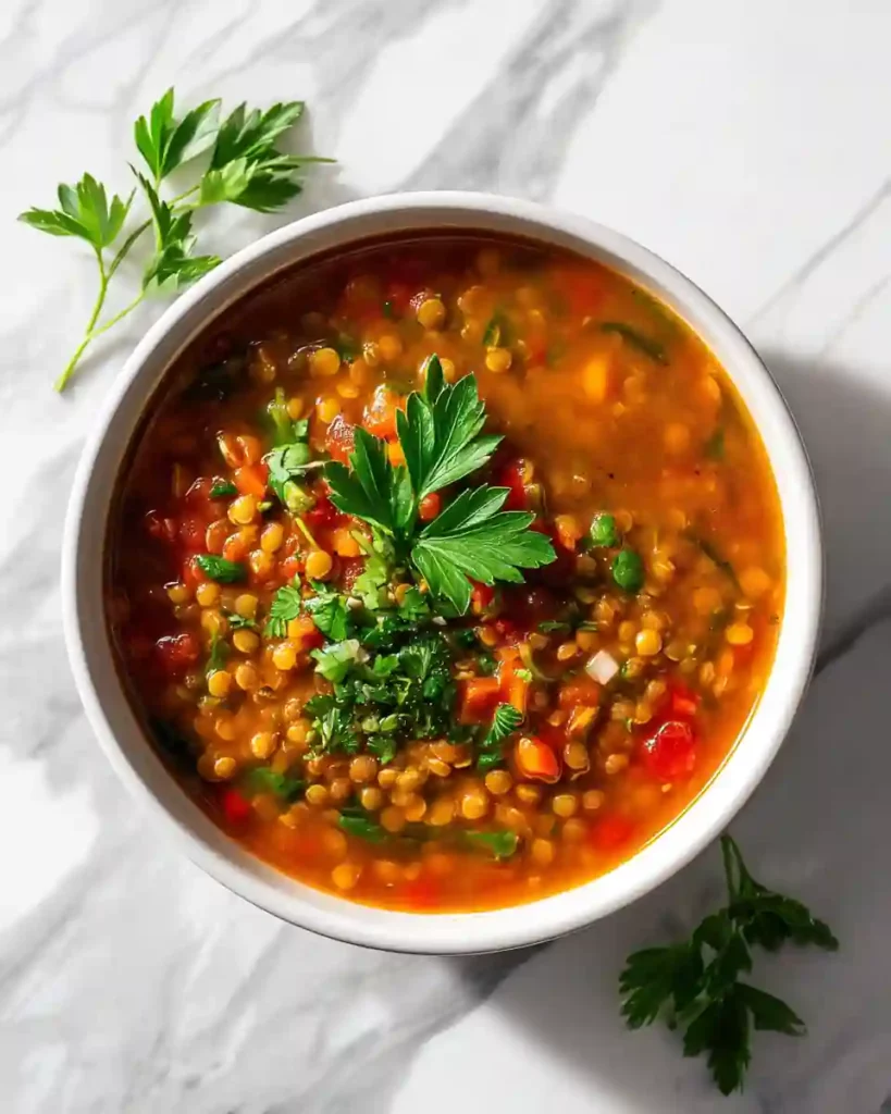 Healthy Soup Recipes : Nourishing, Cozy & Full of Flavor 14 Lentil and Spinach Protein Soup in a white bowl topped with parsley.