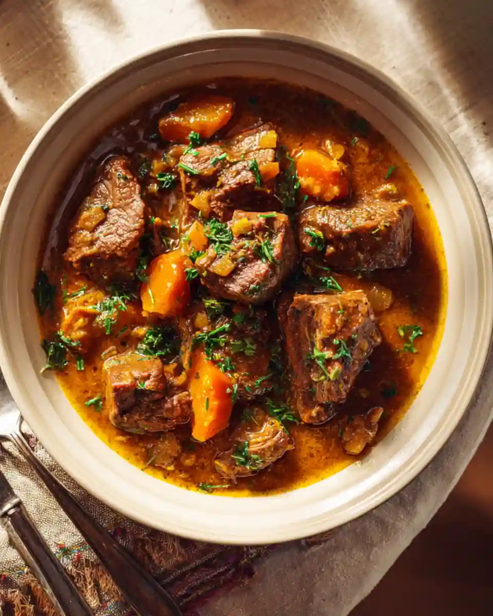 Close-up of a rustic bowl of slow-cooked beef stew with carrots and herbs in warm natural light.
