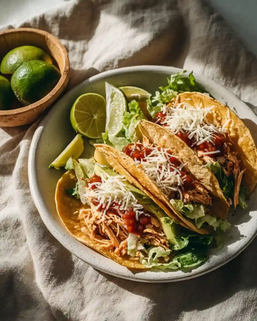 Chicken Tacos Crockpot 8 Chicken tacos crockpot served with fresh toppings on a white plate