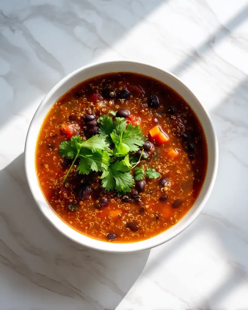Healthy Soup Recipes : Nourishing, Cozy & Full of Flavor 9 Quinoa and black bean soup in a white bowl with cilantro garnish.