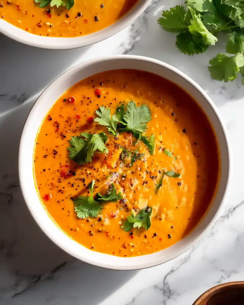 Healthy Soup Recipes : Nourishing, Cozy & Full of Flavor 10 Red lentil curry soup in a white bowl with cilantro garnish
