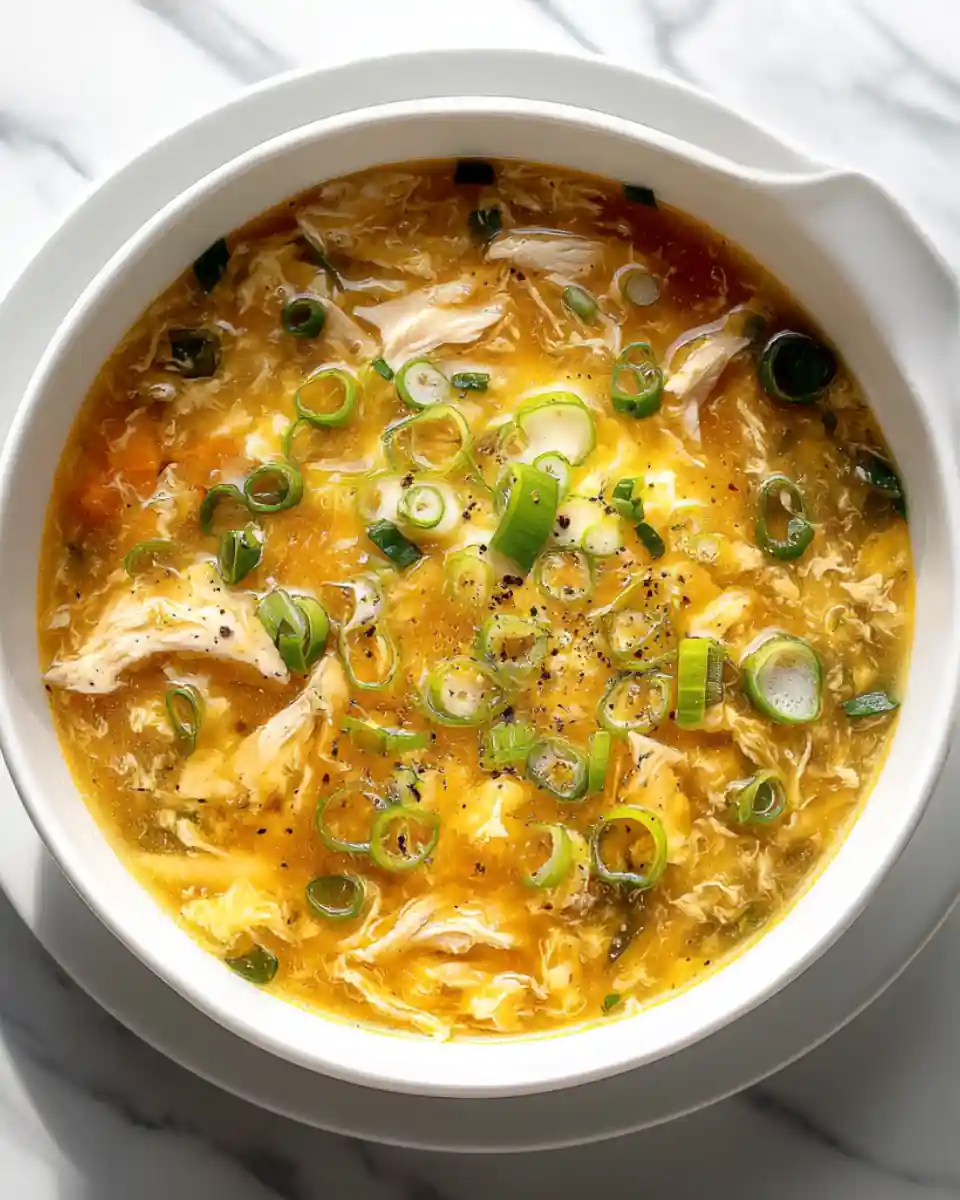 Egg Drop Soup with Chicken | Easy High-Protein Soup 1 Egg drop soup with chicken and scallions in a white bowl