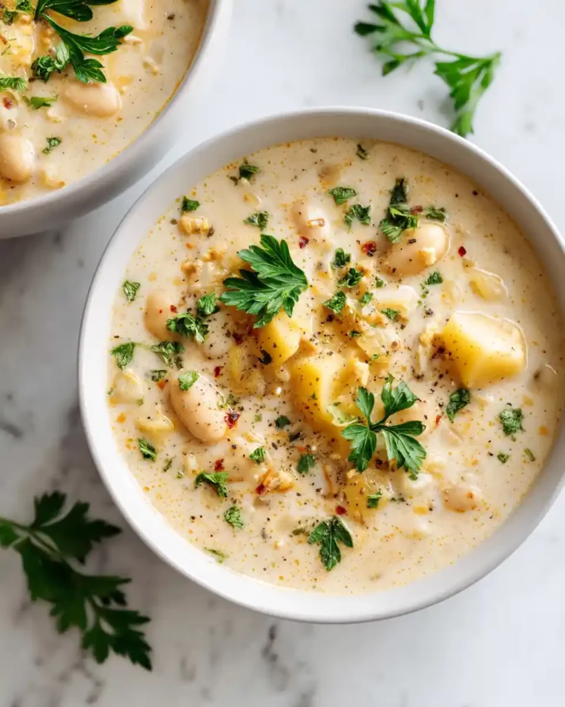 Healthy Soup Recipes : Nourishing, Cozy & Full of Flavor 13 Creamy vegan white bean soup with potatoes in a bowl with fresh herbs.