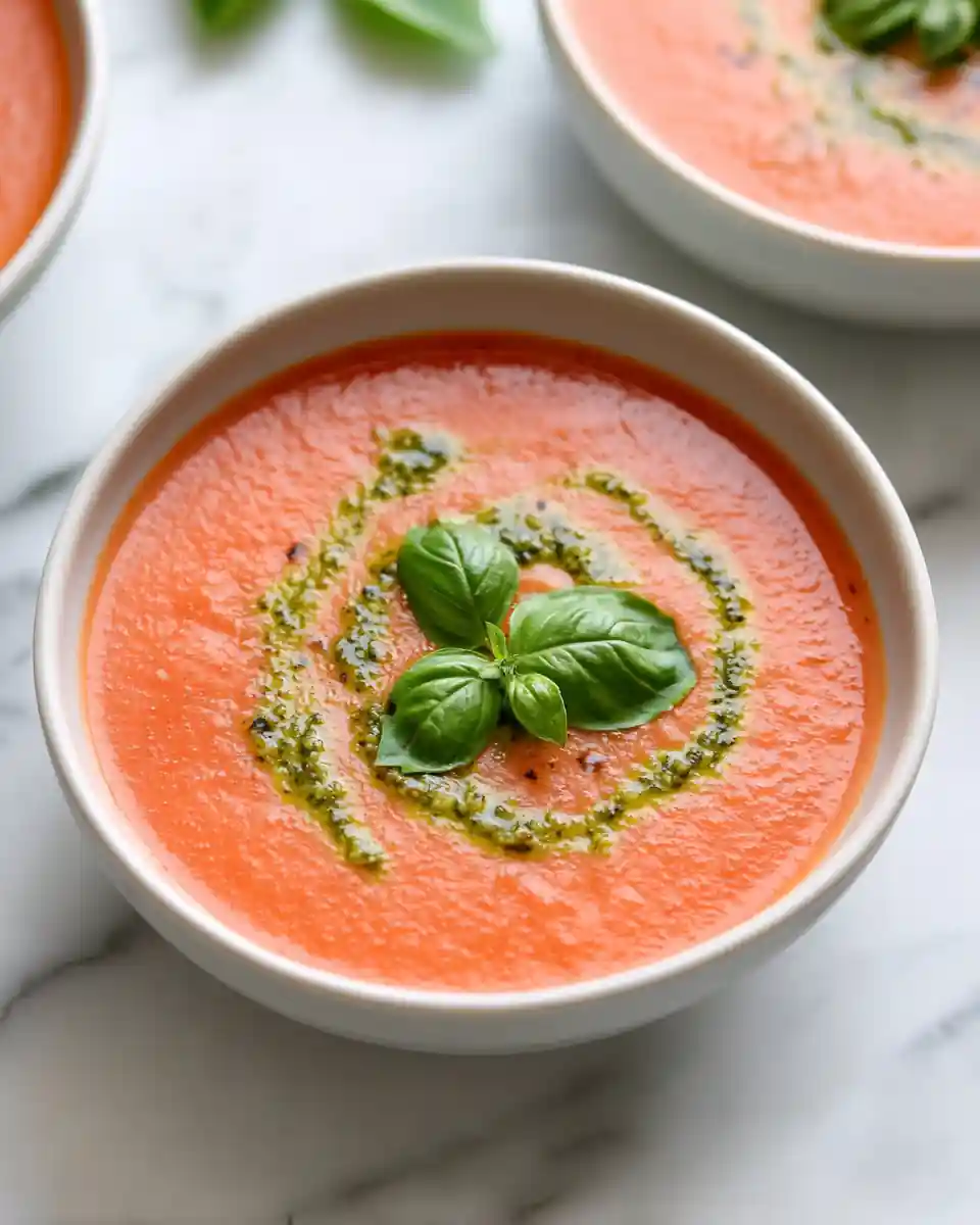 Low-Carb Tomato Basil Soup 1 Creamy low-carb tomato basil soup with pesto swirl