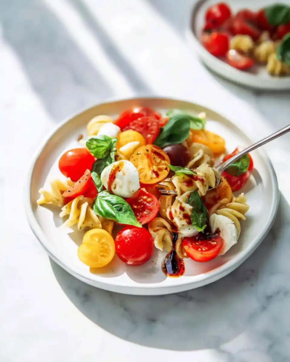 This Caprese Pasta Salad Is So Fresh and Easy 2 Delicious Caprese Pasta Salad with tomatoes, mozzarella, and basil.